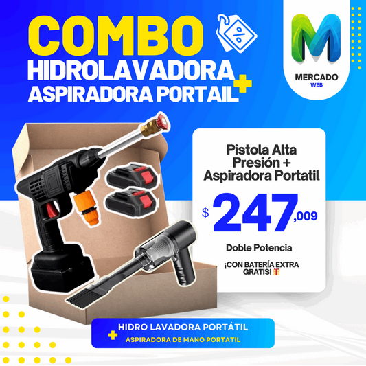 🚿Combo Aspiradora + Hidro Lavadora Portátil Doble Potencia: ¡Con Batería Extra Gratis! 🎁 MercadoWeb