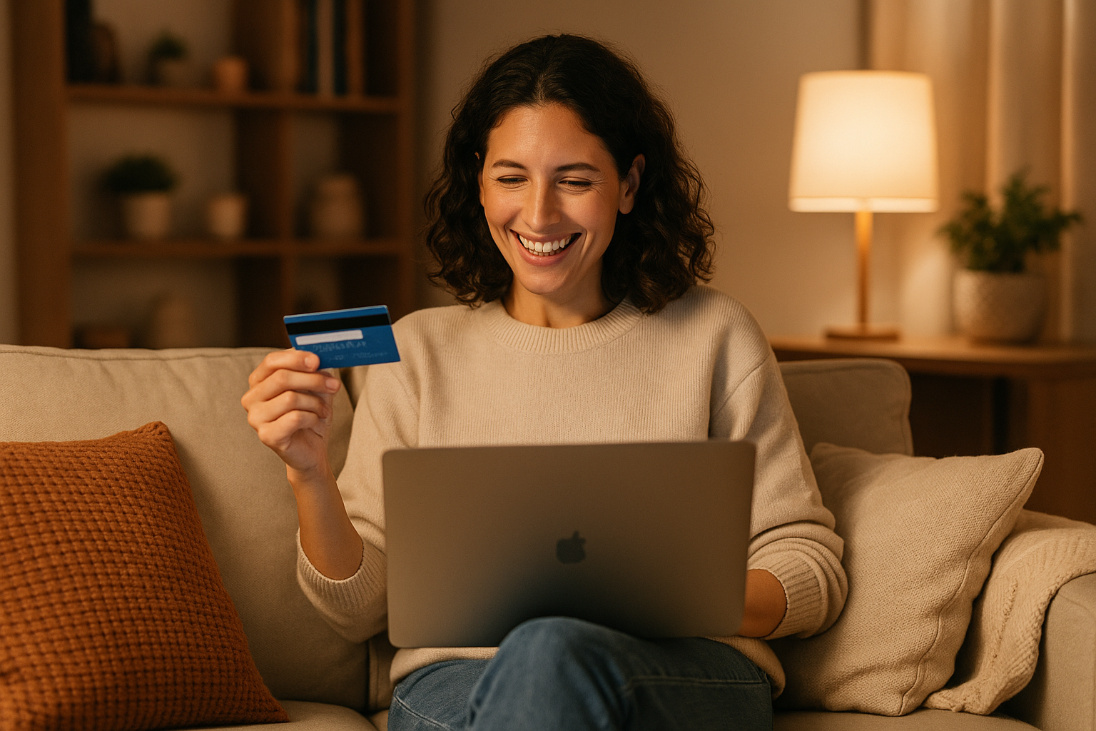 Mulher feliz utilizando notebook realizando compras na internet e sentada no sofá da sala em proporção 3:2